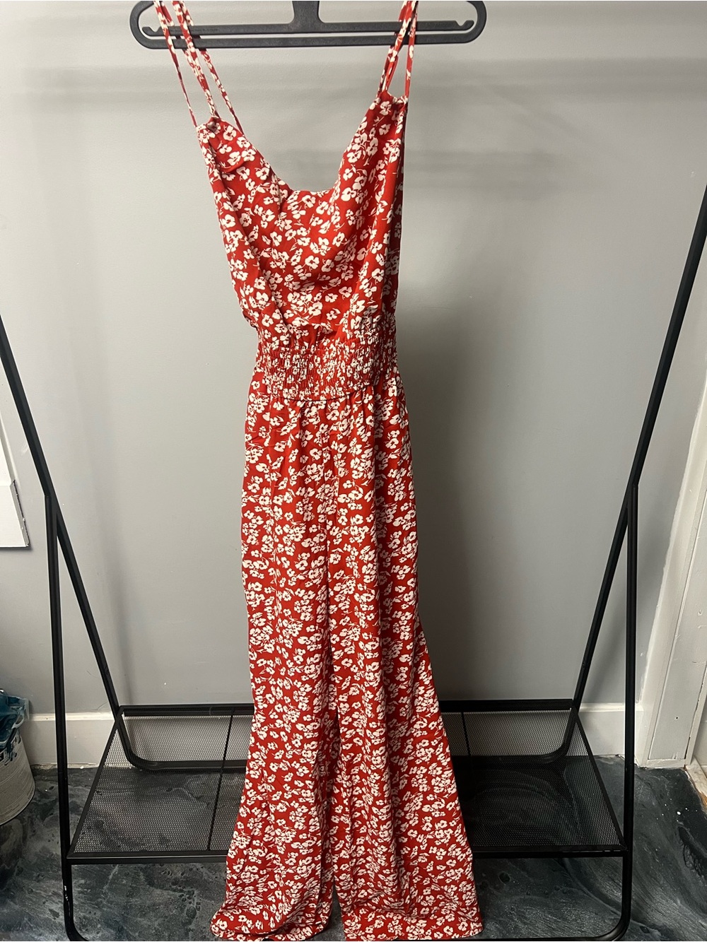 Red Floral Smocked Waist Maxi Jumper Women